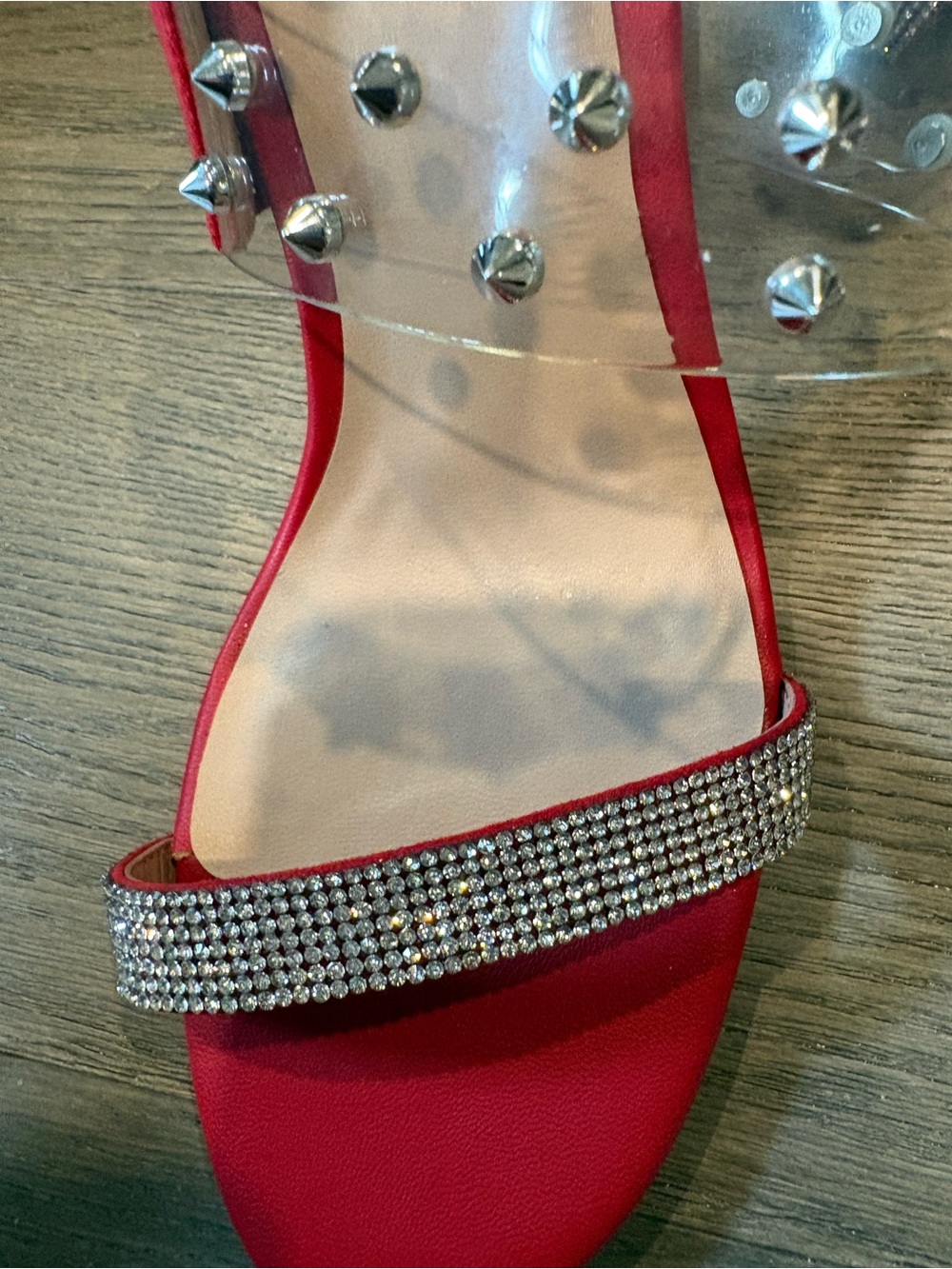 Call It Spring Red Rhinestone Block Heel Mules with Clear Studded Strap - Picture 13 of 15